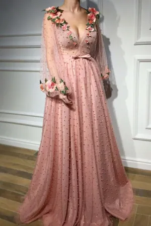 long sleeve beaded prom dresses 2020 pink embroidery appliqué elegant deep v neck prom gown