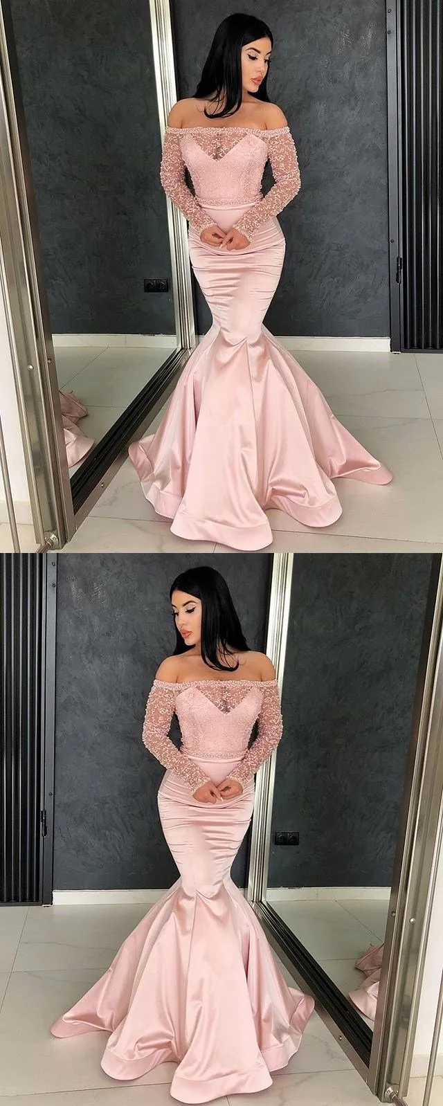 Long Sleeves Pink Mermaid Long prom Dresses,evening dress, party dresses , PD0911