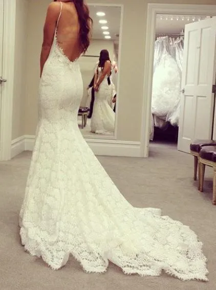 Long Wedding Dress, Spaghetti Straps Wedding Dress, Lace Wedding Dress, Sexy Bridal Dress, Mermaid Wedding Dress, Backless Wedding Dress, LB0680