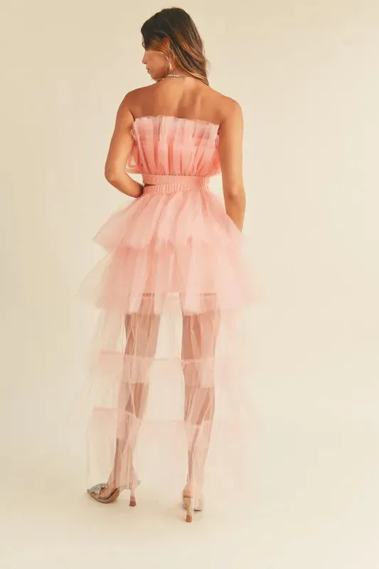 MABLE Tulle Tube Ruffle Crop Top and High Low Maxi Skirt Set