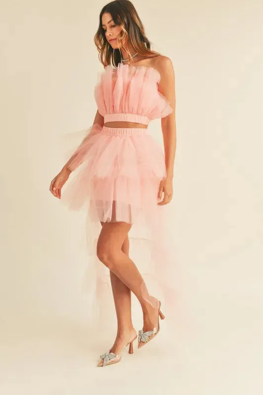 MABLE Tulle Tube Ruffle Crop Top and High Low Maxi Skirt Set