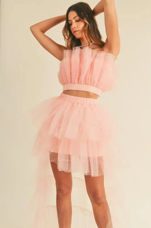 MABLE Tulle Tube Ruffle Crop Top and High Low Maxi Skirt Set