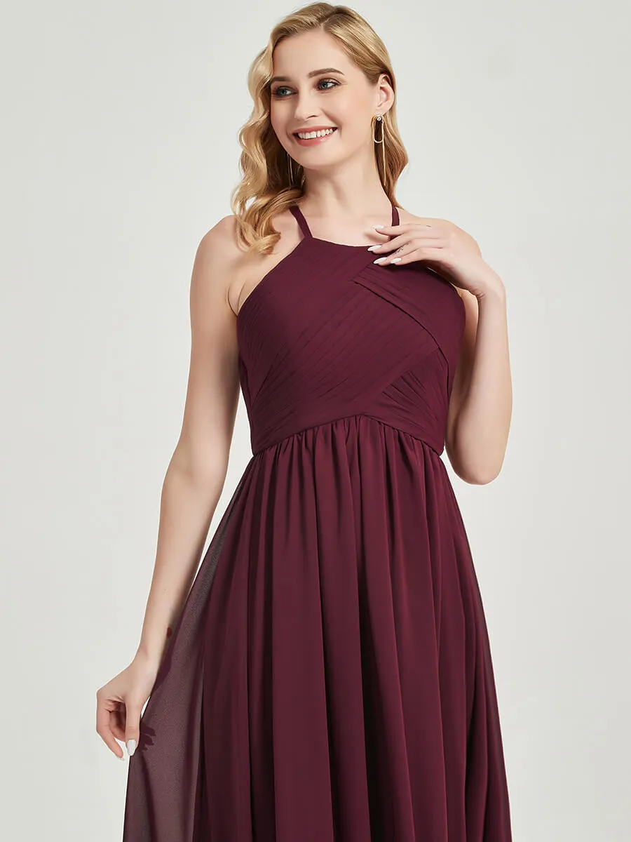 Mauve Halter Pleated Keyhole Back Chiffon Floor Length Bridesmaid Dress