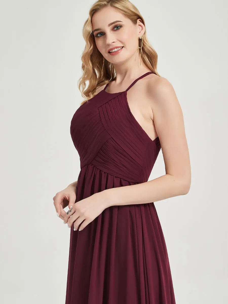 Mauve Halter Pleated Keyhole Back Chiffon Floor Length Bridesmaid Dress