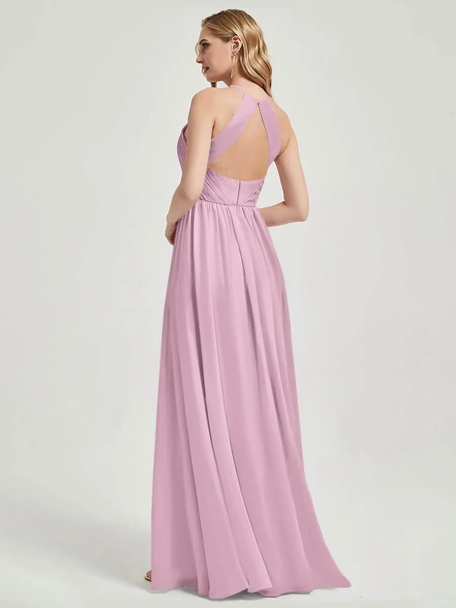 Mauve Halter Pleated Keyhole Back Chiffon Floor Length Bridesmaid Dress