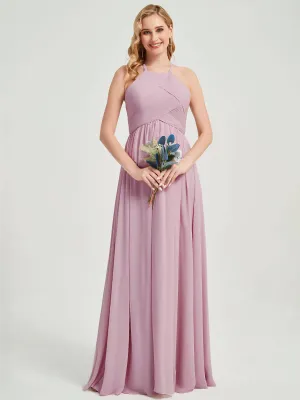 Mauve Halter Pleated Keyhole Back Chiffon Floor Length Bridesmaid Dress