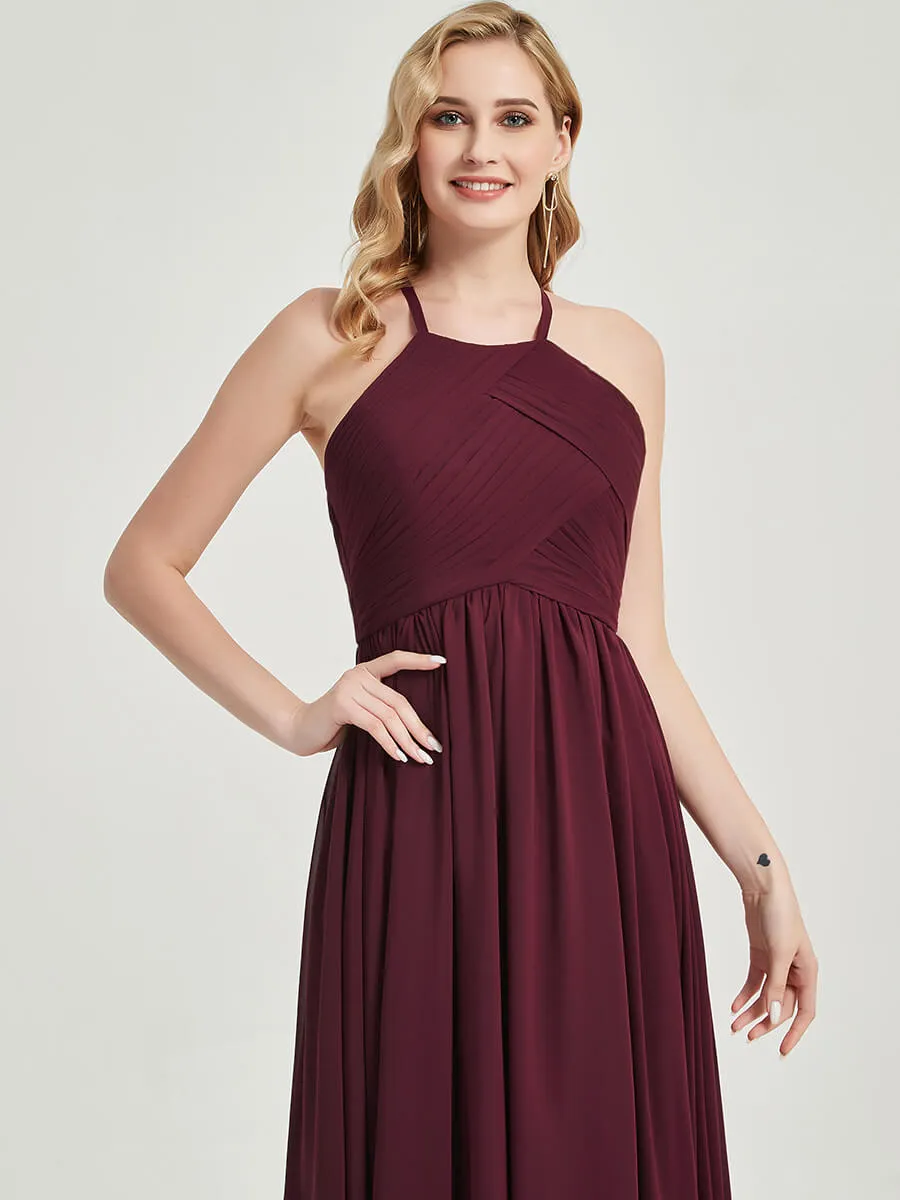 Mauve Halter Pleated Keyhole Back Chiffon Floor Length Bridesmaid Dress
