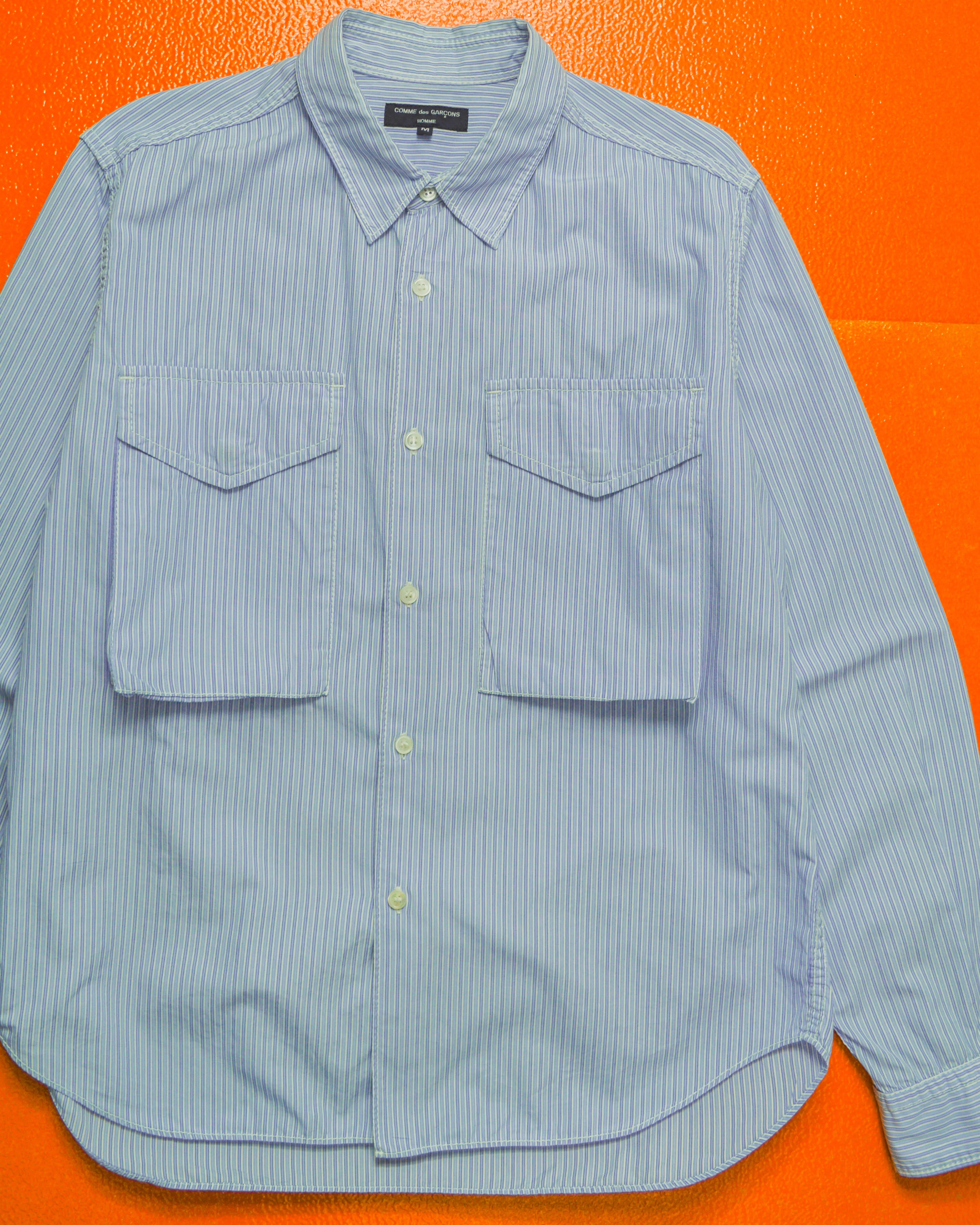Mid 2000s Striped Blue 3-D Cargo Patch Pocket Shirt (M)