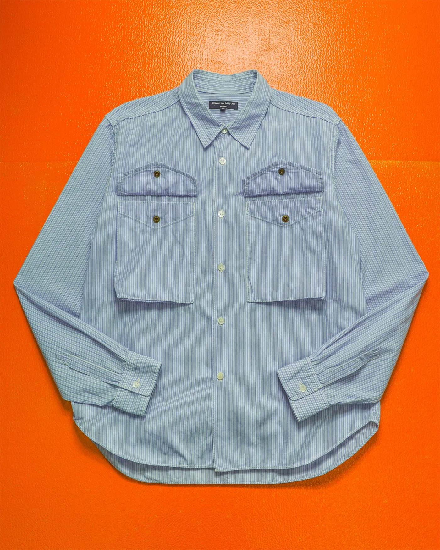 Mid 2000s Striped Blue 3-D Cargo Patch Pocket Shirt (M)