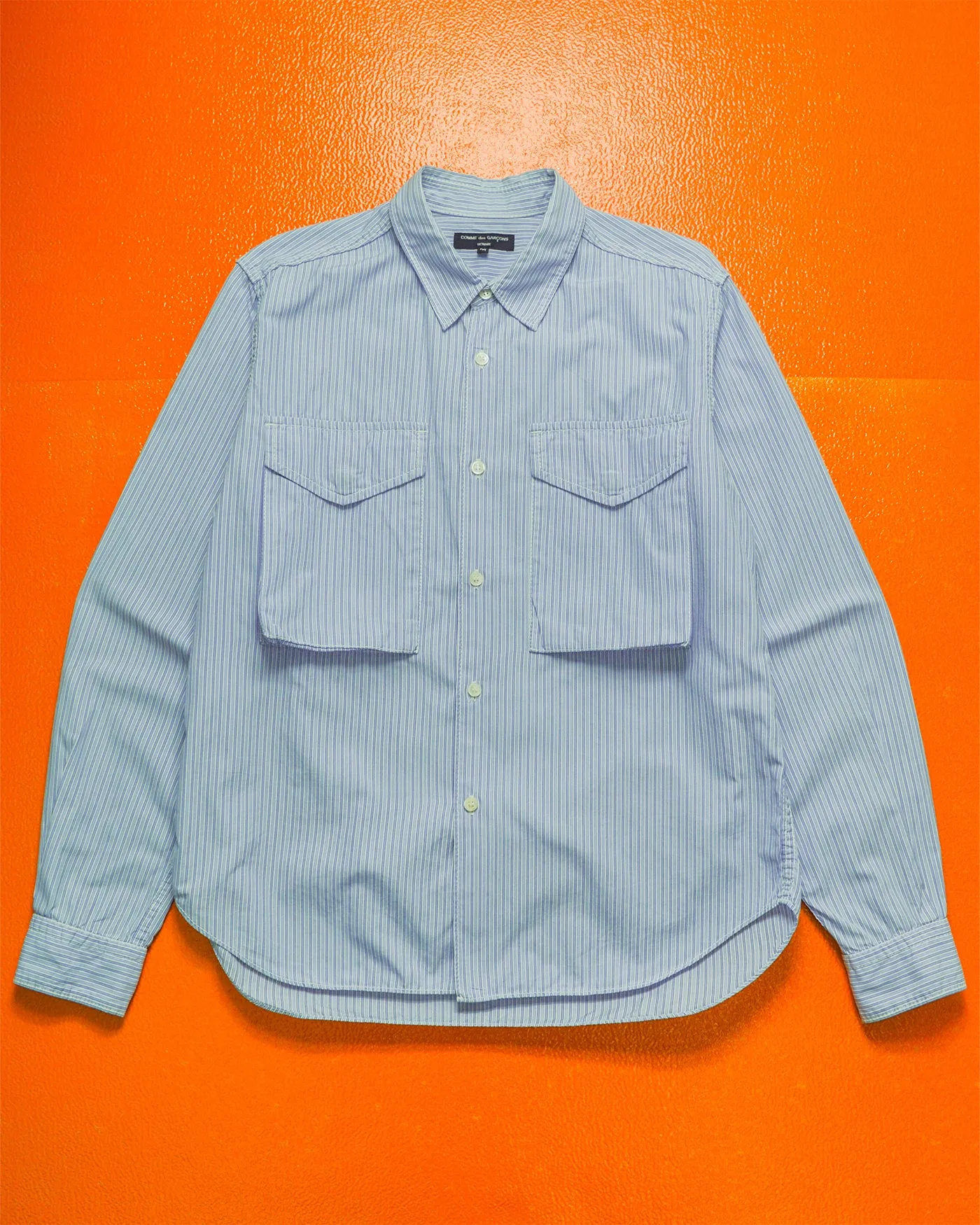 Mid 2000s Striped Blue 3-D Cargo Patch Pocket Shirt (M)