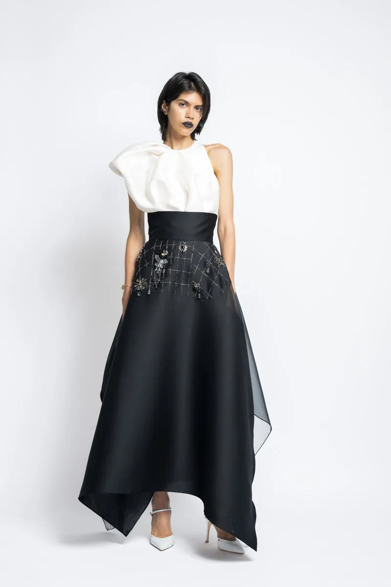Morning Glory Crystal Embroidery Gazar And Organza Flared Skirt