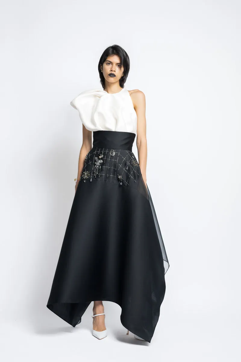Morning Glory Crystal Embroidery Gazar And Organza Flared Skirt
