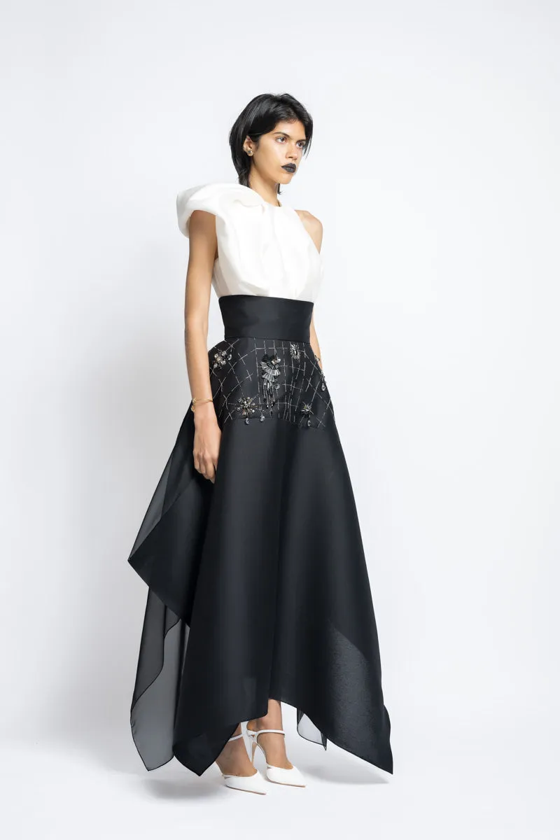 Morning Glory Crystal Embroidery Gazar And Organza Flared Skirt