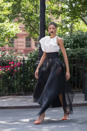 Morning Glory Crystal Embroidery Gazar And Organza Flared Skirt