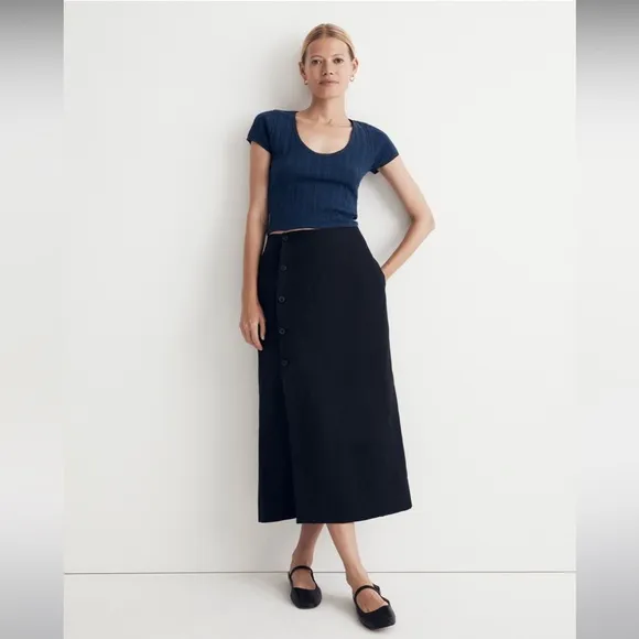 NWT Madewell Linen-Cotton Blend Wrap Midi Skirt - Size 0 - Black