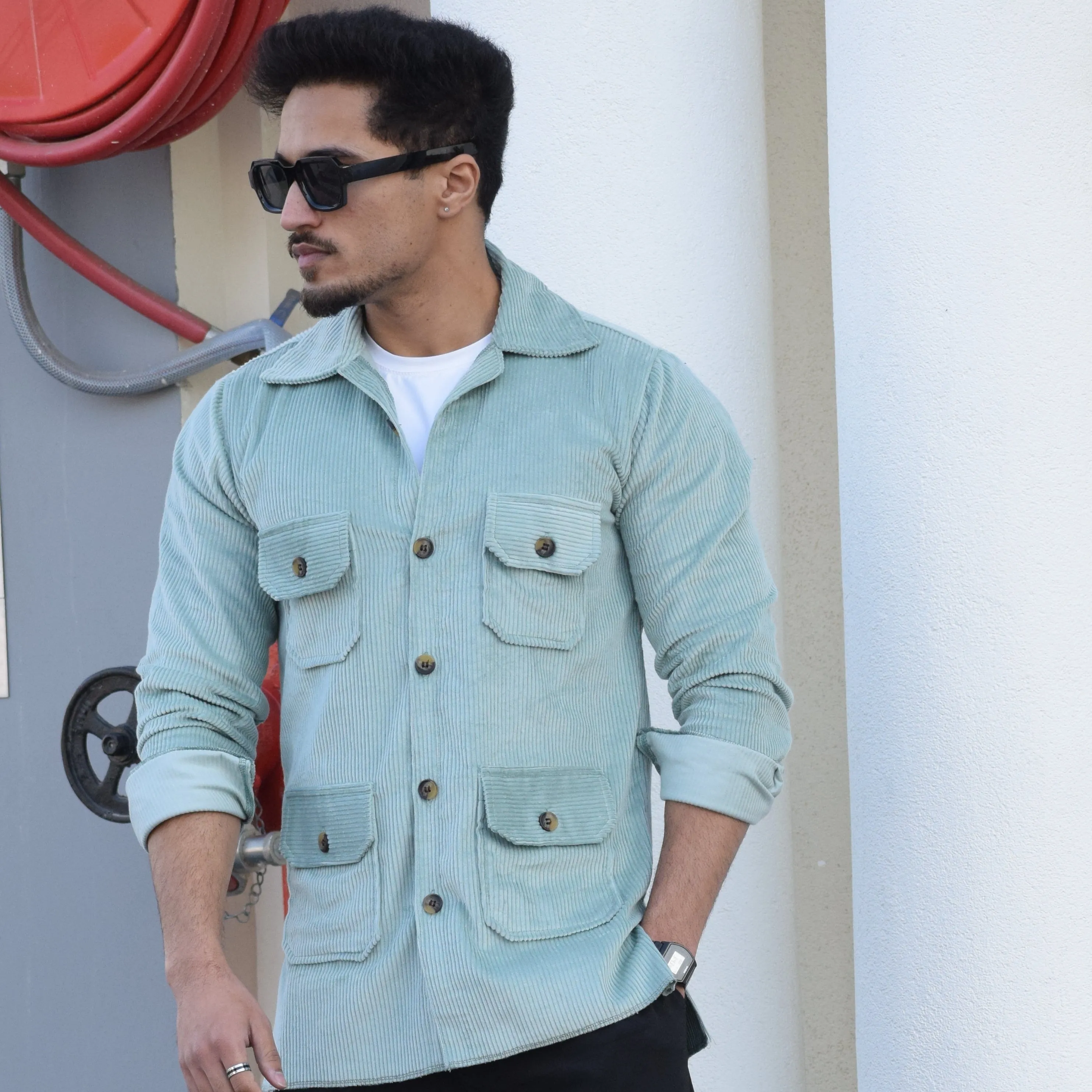 Ocean Blue Corduroy Hunting Shacket for Men