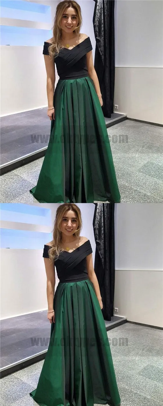 Off-shoulder Green Satin A-line Prom Dresses, Elegant Cheap Evening Dresses, TYP0747