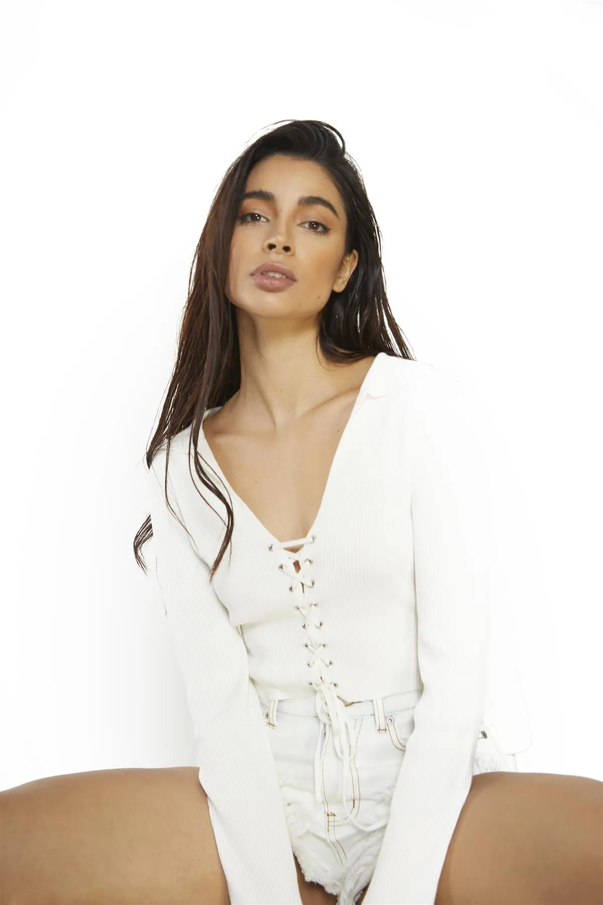 Off White Ribbed Long-Sleeve Lace-Up Crop-Top