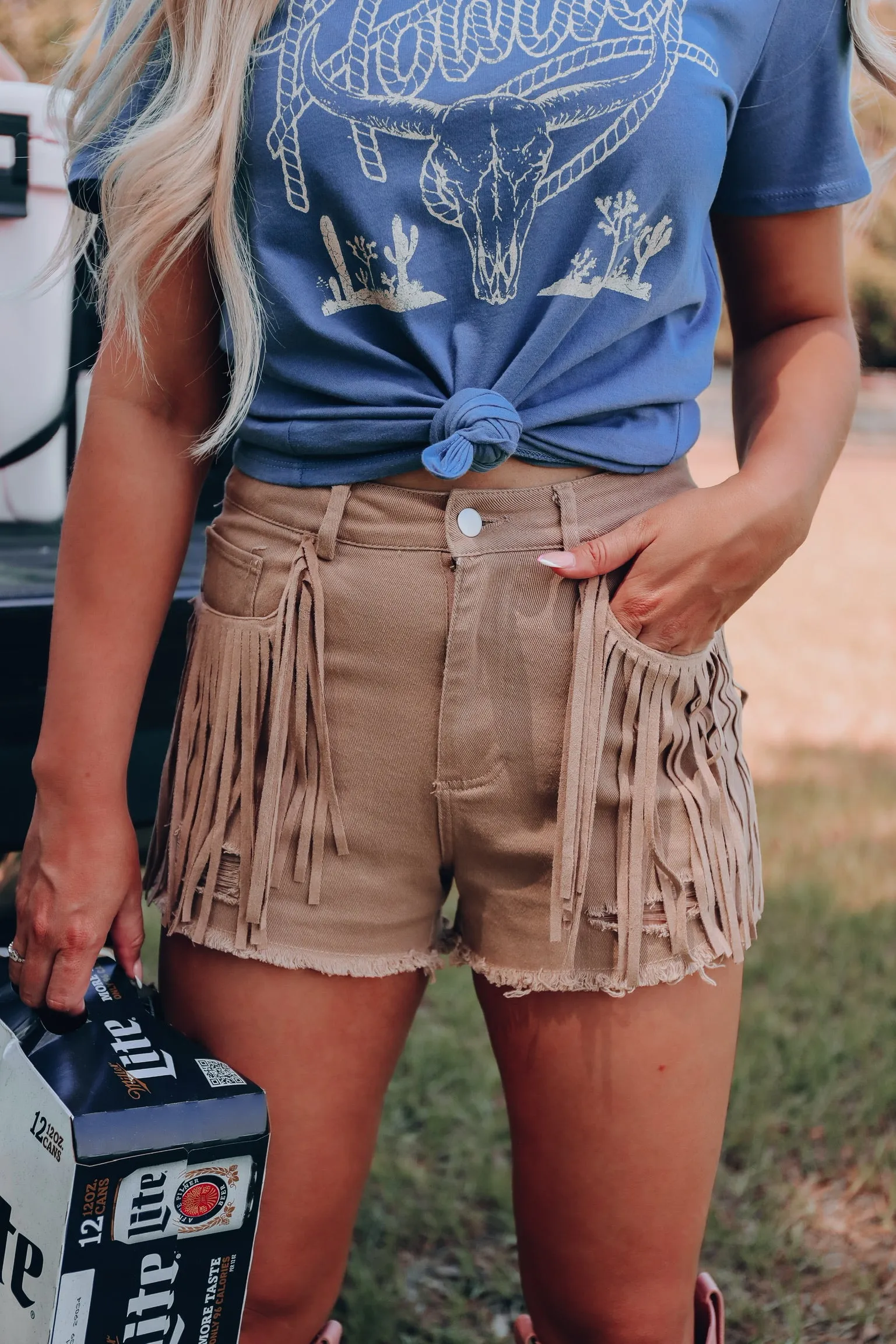 Out West Fringe Denim Shorts - Tan