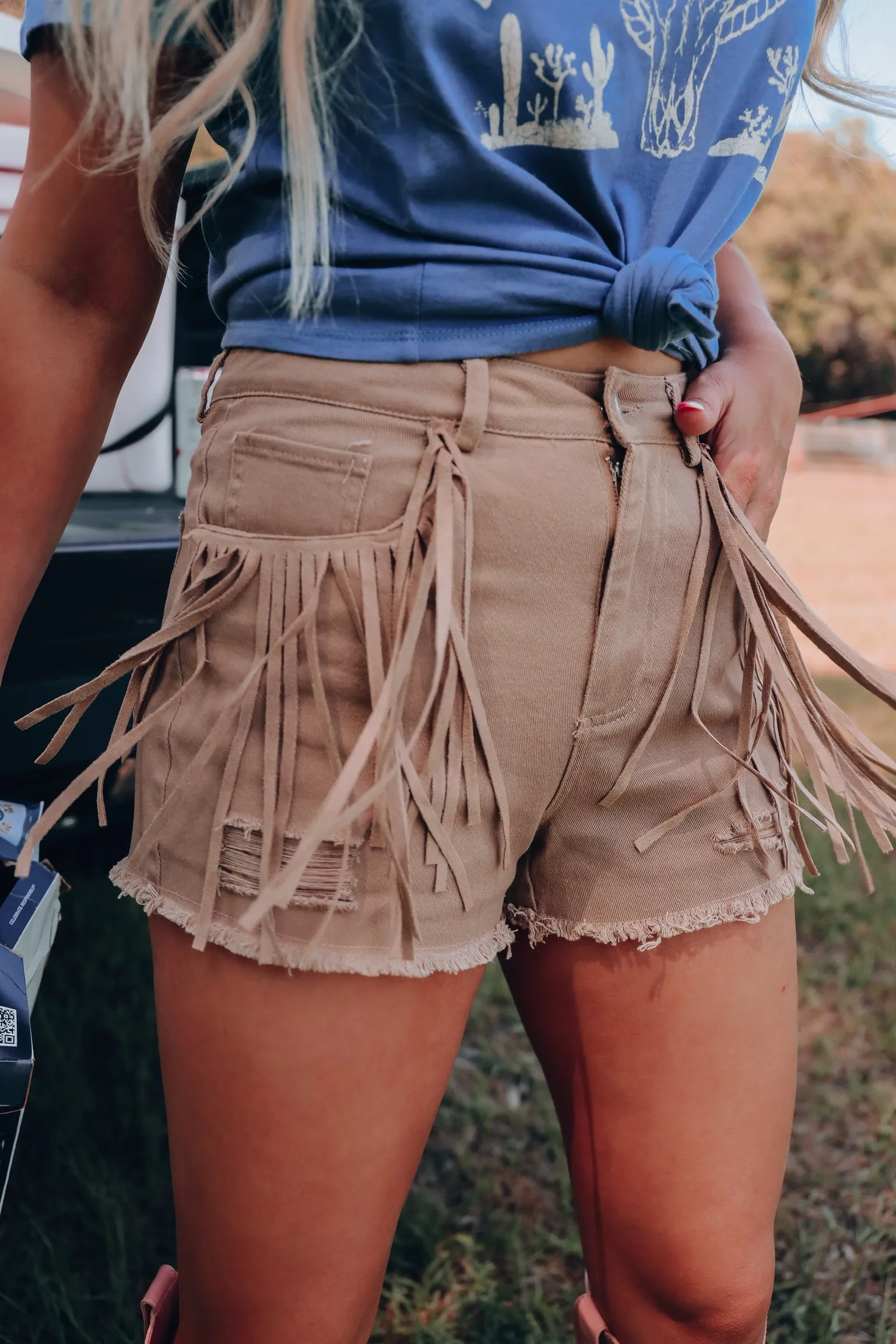 Out West Fringe Denim Shorts - Tan