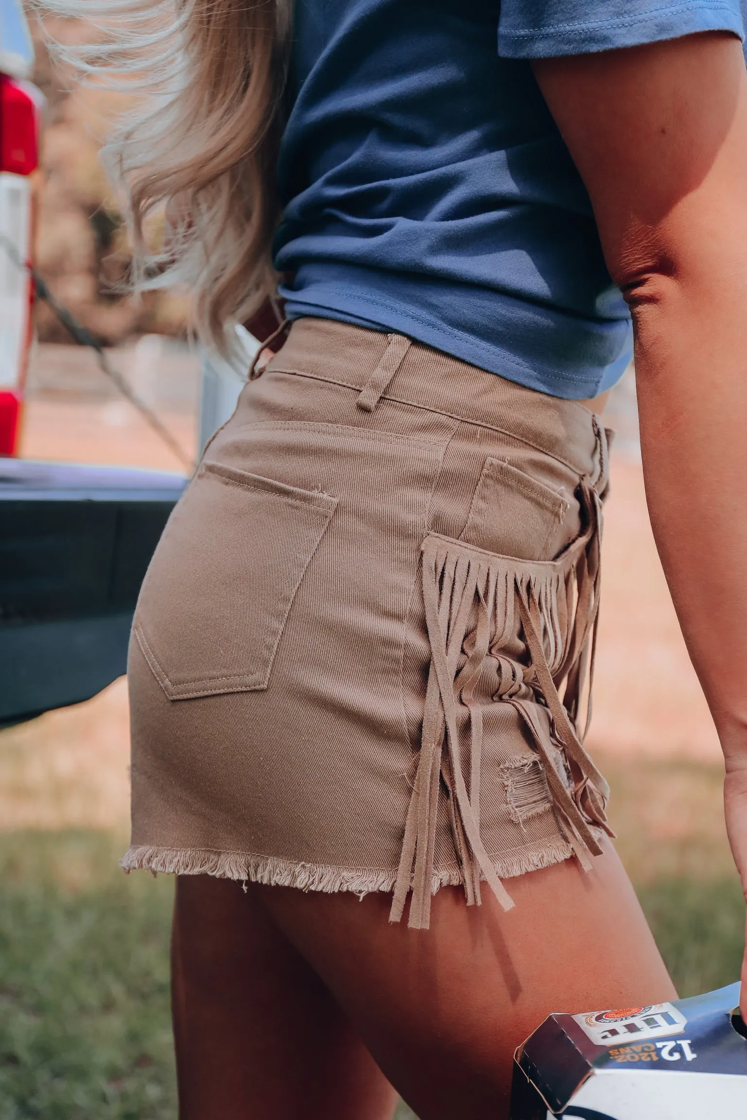 Out West Fringe Denim Shorts - Tan