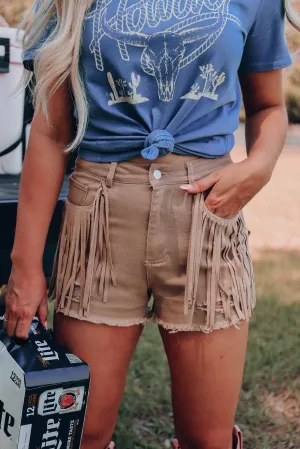 Out West Fringe Denim Shorts - Tan