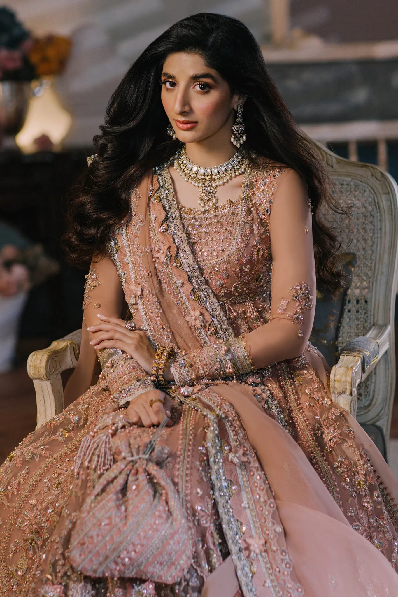 Pakistani Wedding Dress in Pishwas Style Frock in Elegant Beige Color