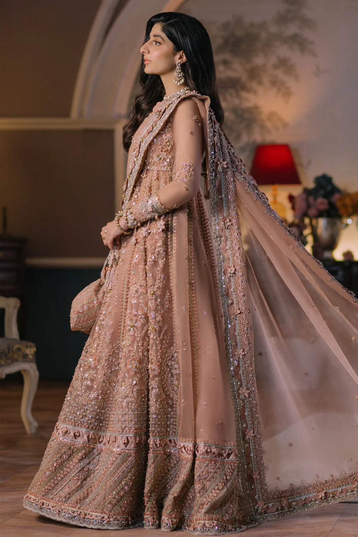 Pakistani Wedding Dress in Pishwas Style Frock in Elegant Beige Color