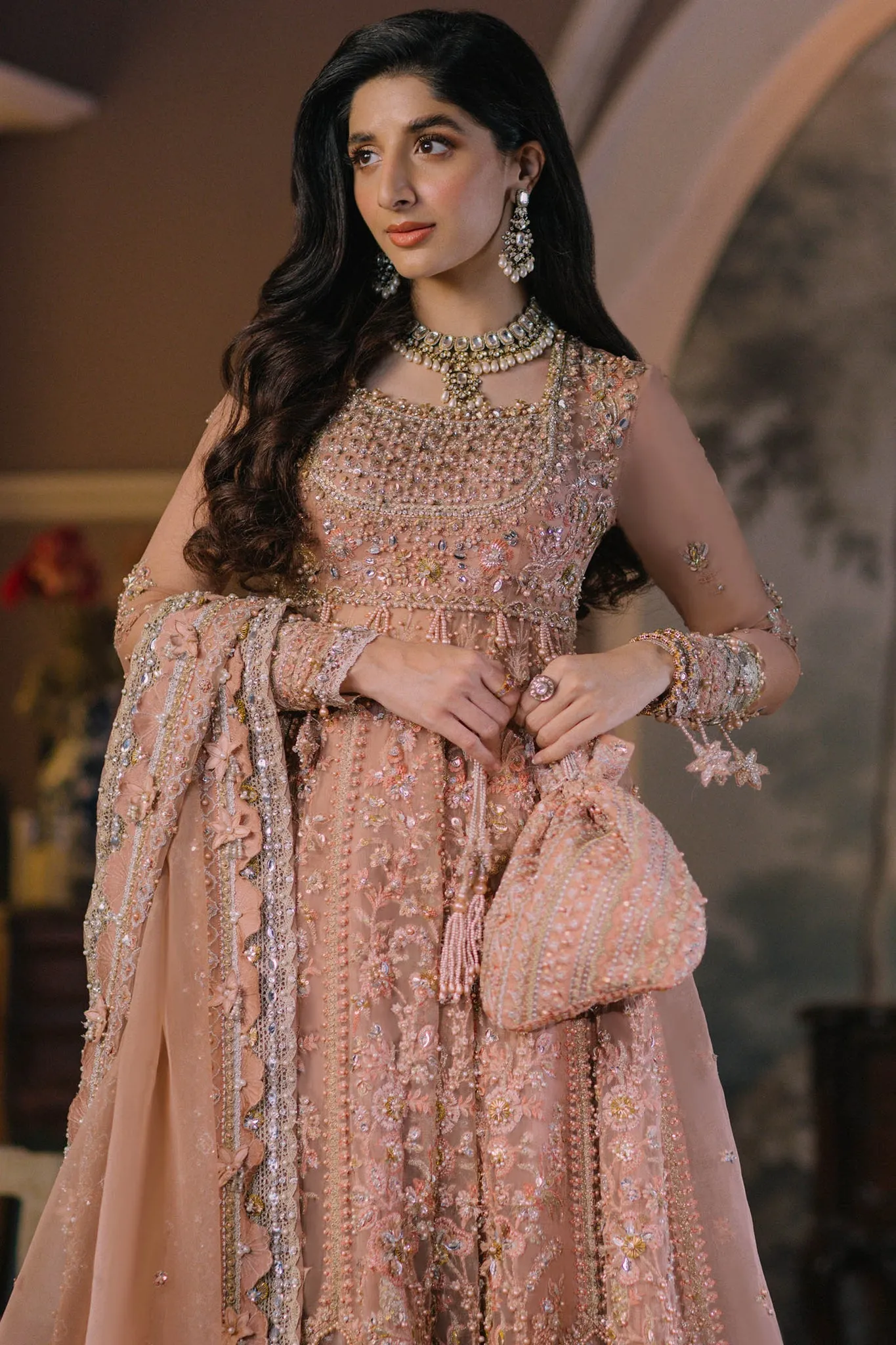 Pakistani Wedding Dress in Pishwas Style Frock in Elegant Beige Color