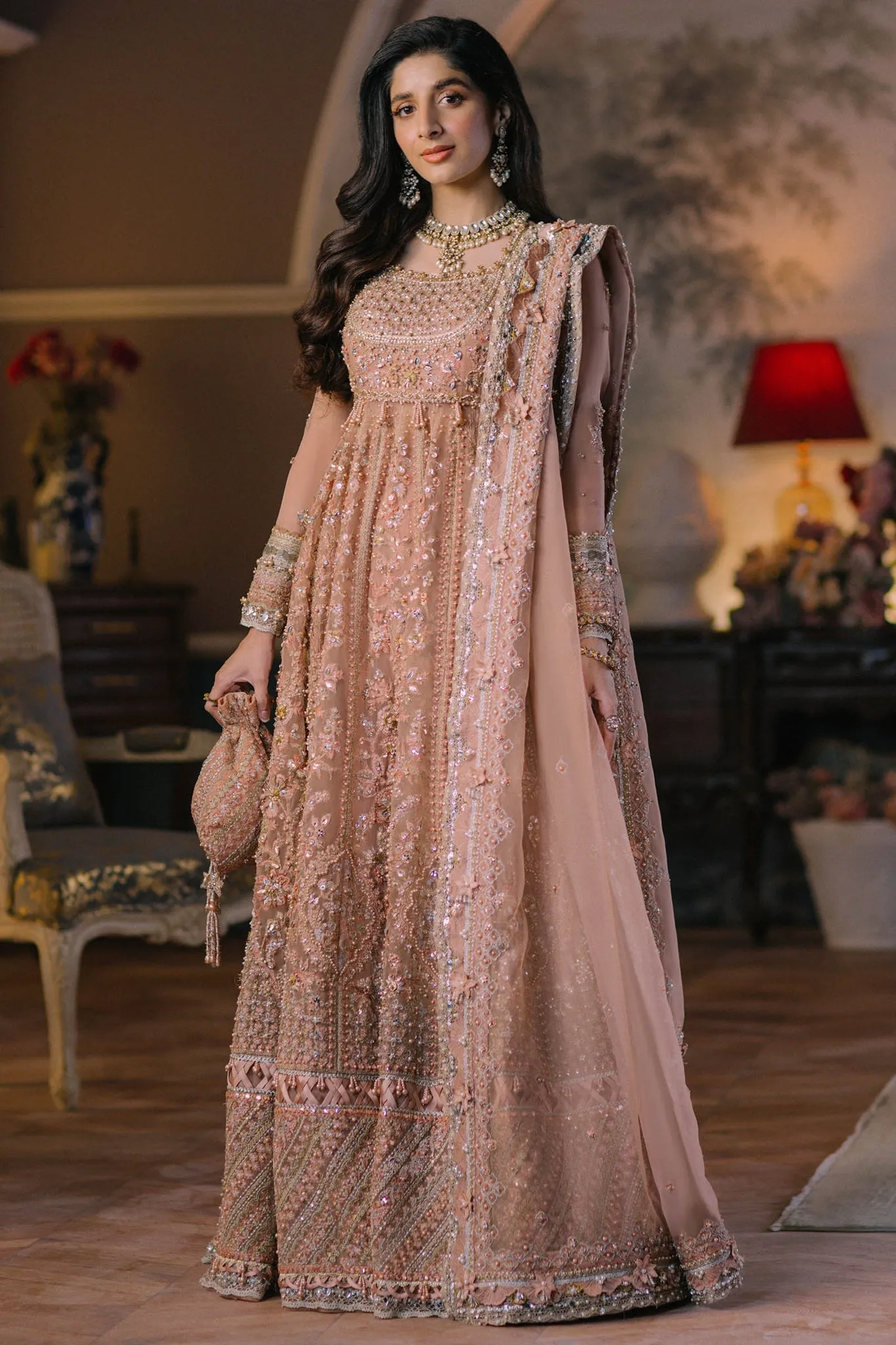 Pakistani Wedding Dress in Pishwas Style Frock in Elegant Beige Color
