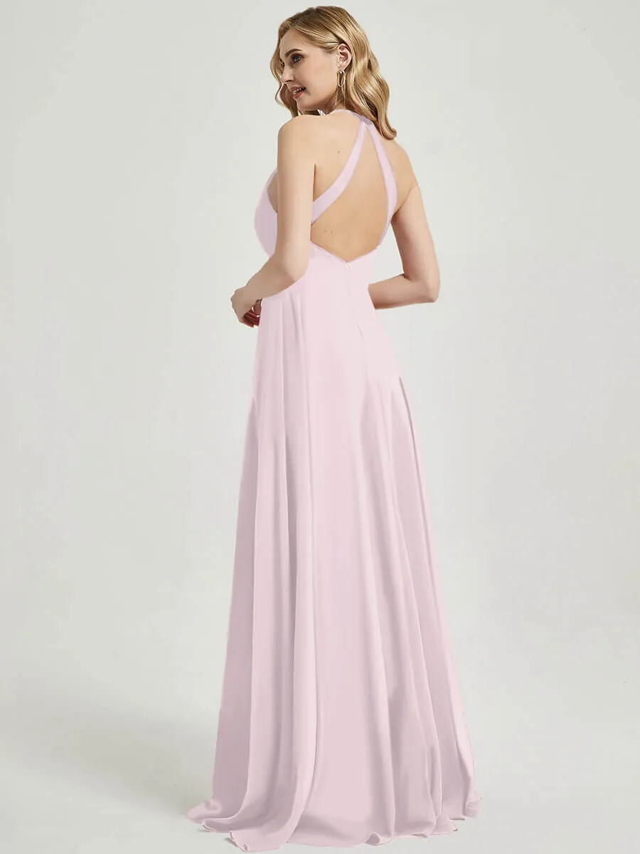 Pale Rose Pleated Halter V-Neck Backless Maxi Chiffon Bridesmaid Dress