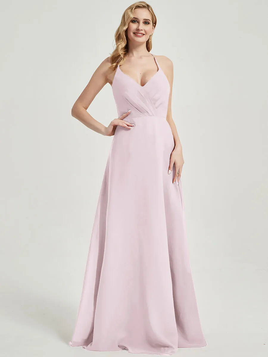 Pale Rose Pleated Halter V-Neck Backless Maxi Chiffon Bridesmaid Dress