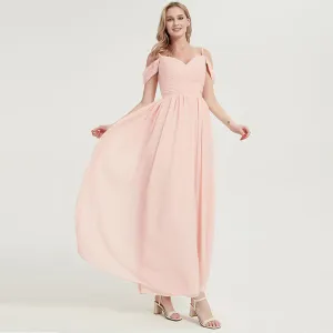 Pearl Pink Spaghetti Straps Pleated Chiffon Maxi Bridesmaid Dress