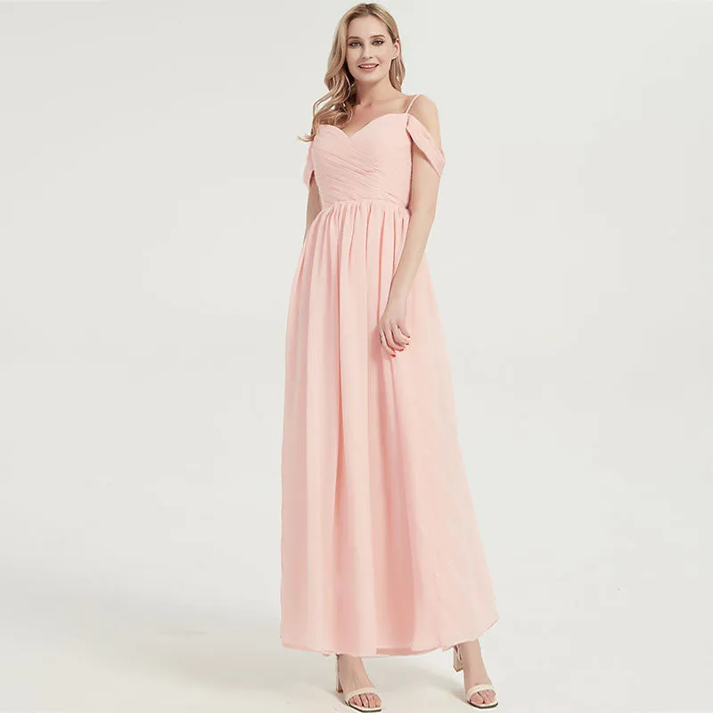 Pearl Pink Spaghetti Straps Pleated Chiffon Maxi Bridesmaid Dress
