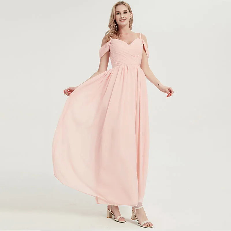 Pearl Pink Spaghetti Straps Pleated Chiffon Maxi Bridesmaid Dress