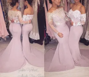 pink bridesmaid dresses long mermaid lace appliqué elegant cheap wedding party dresses