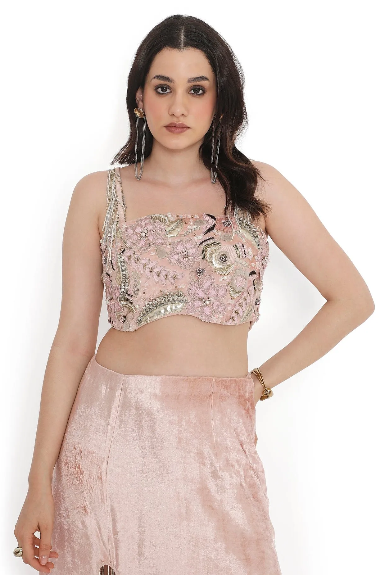 Pink Embroidered Choli With Side Slit Skirt