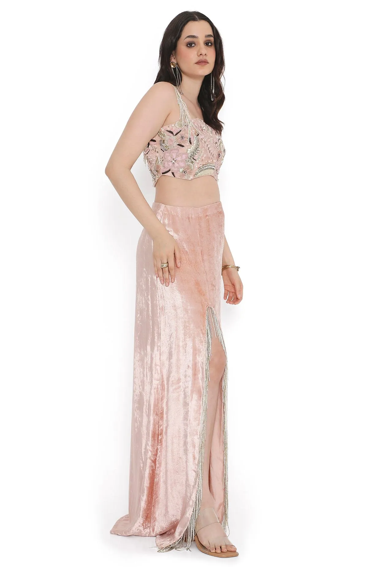 Pink Embroidered Choli With Side Slit Skirt
