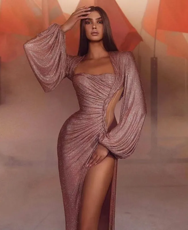 Pink Mermaid Prom Dress with Elegant Long Sleeves and Daring Slit