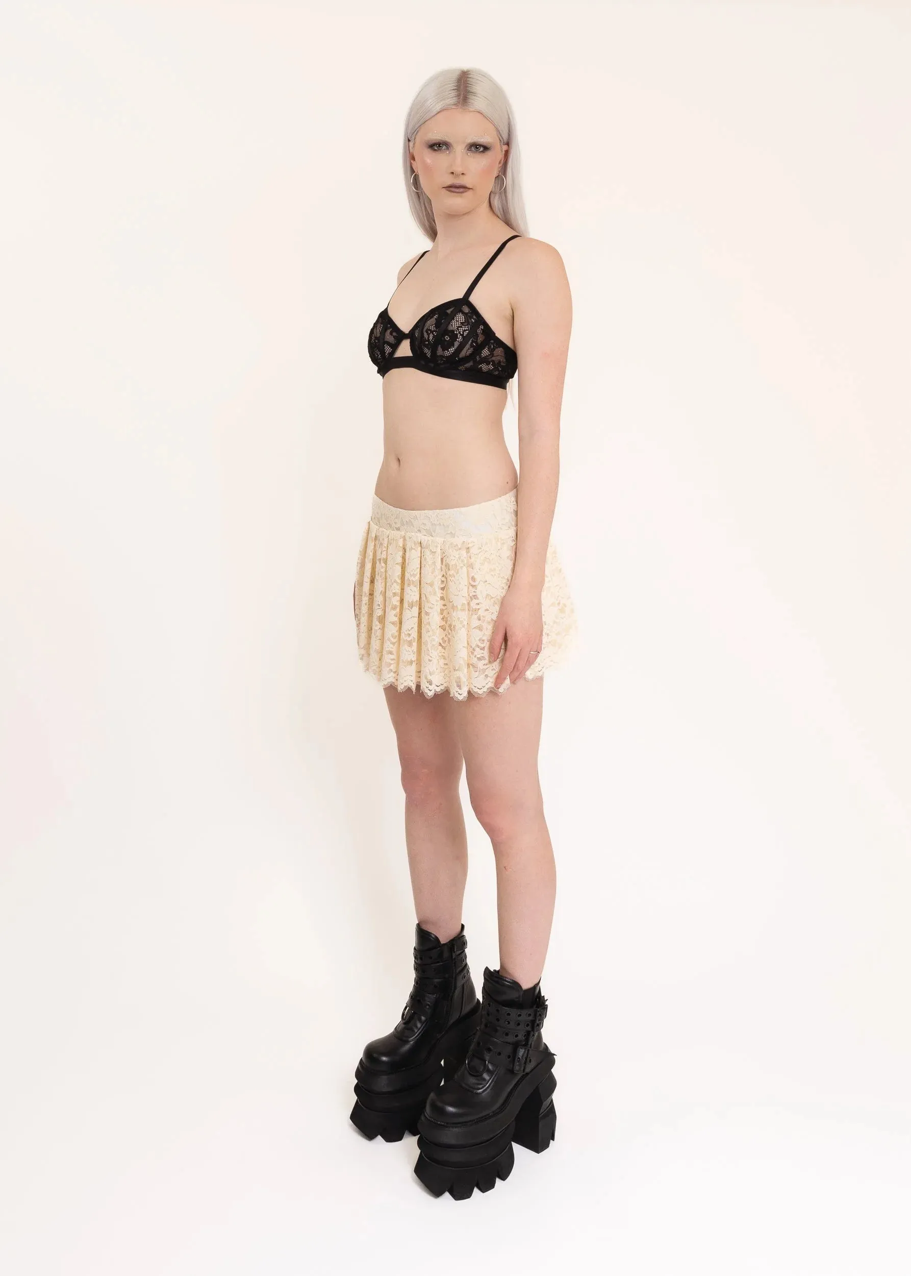 Pleated lace mini skirt