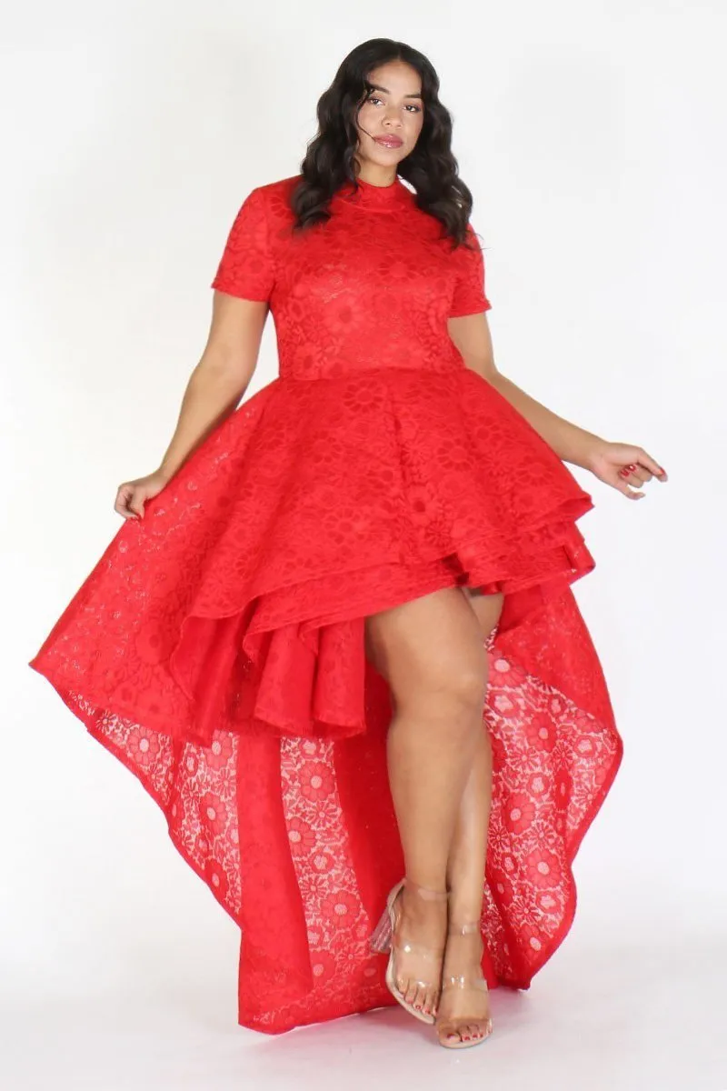 Plus Size Designer Flare Layered Hi Lo Dress Red