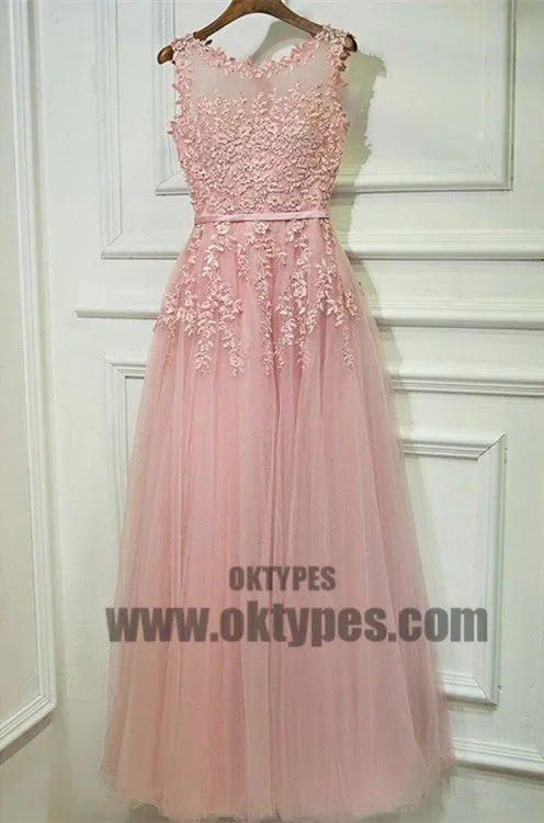 Princess Prom Dresses, Pink Prom Dresses, Long Prom Dresses With Belt/Sash/Ribbon Sleeveless Round, TYP0445