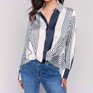 Printed Satin With Front Twist Detail Top In Retro/retro