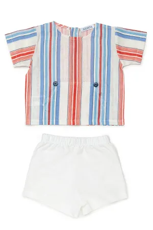 "Sebastian" Dusky Blue & Red Striped Shirt & Shorts