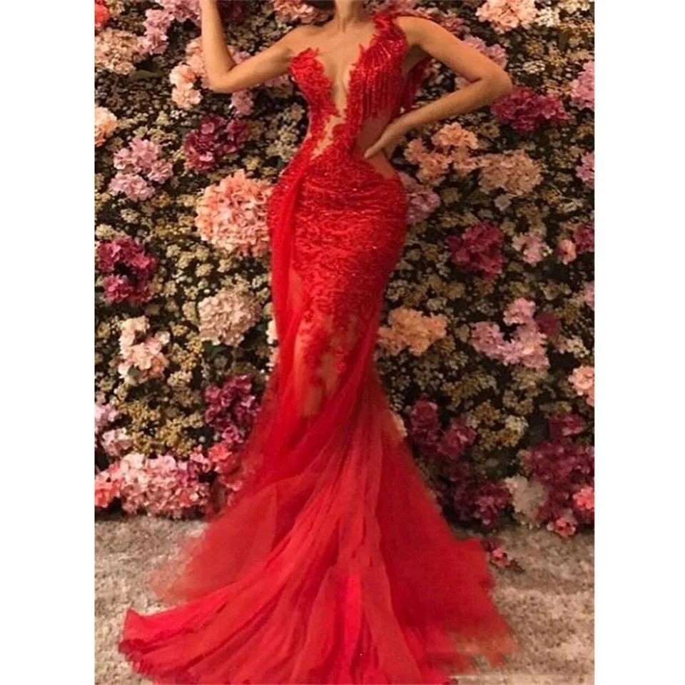 Red Mermaid Elegant Lace Sleeveless One-Shoulder Dress