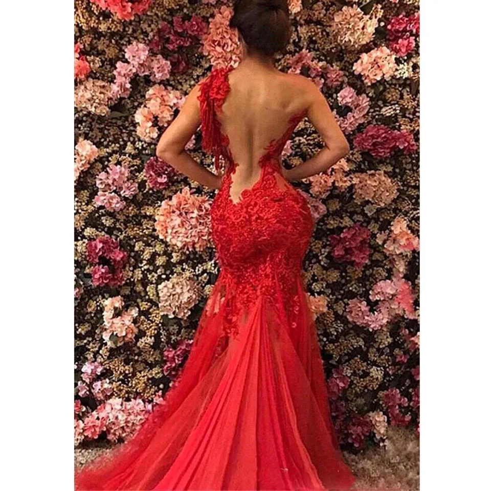 Red Mermaid Elegant Lace Sleeveless One-Shoulder Dress