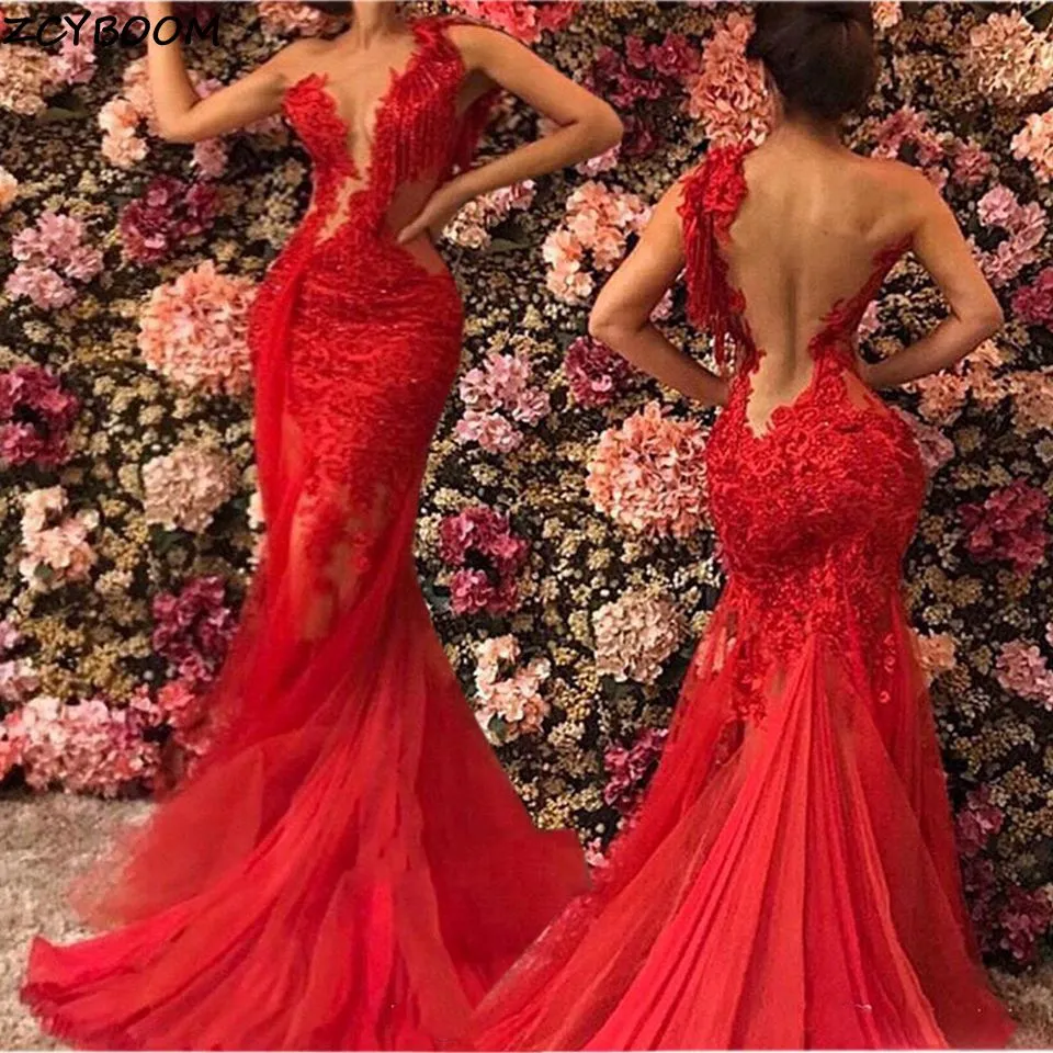 Red Mermaid Elegant Lace Sleeveless One-Shoulder Dress