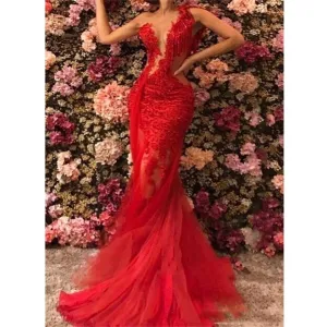 Red Mermaid Elegant Lace Sleeveless One-Shoulder Dress
