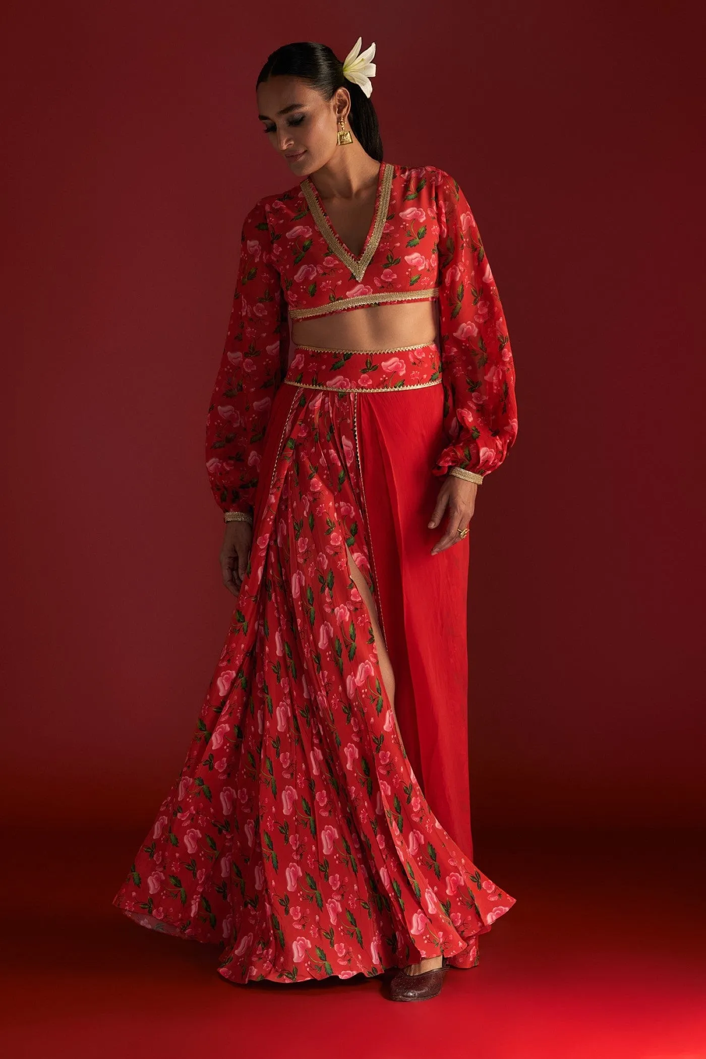 Red Rain Lily Layered Skirt Set