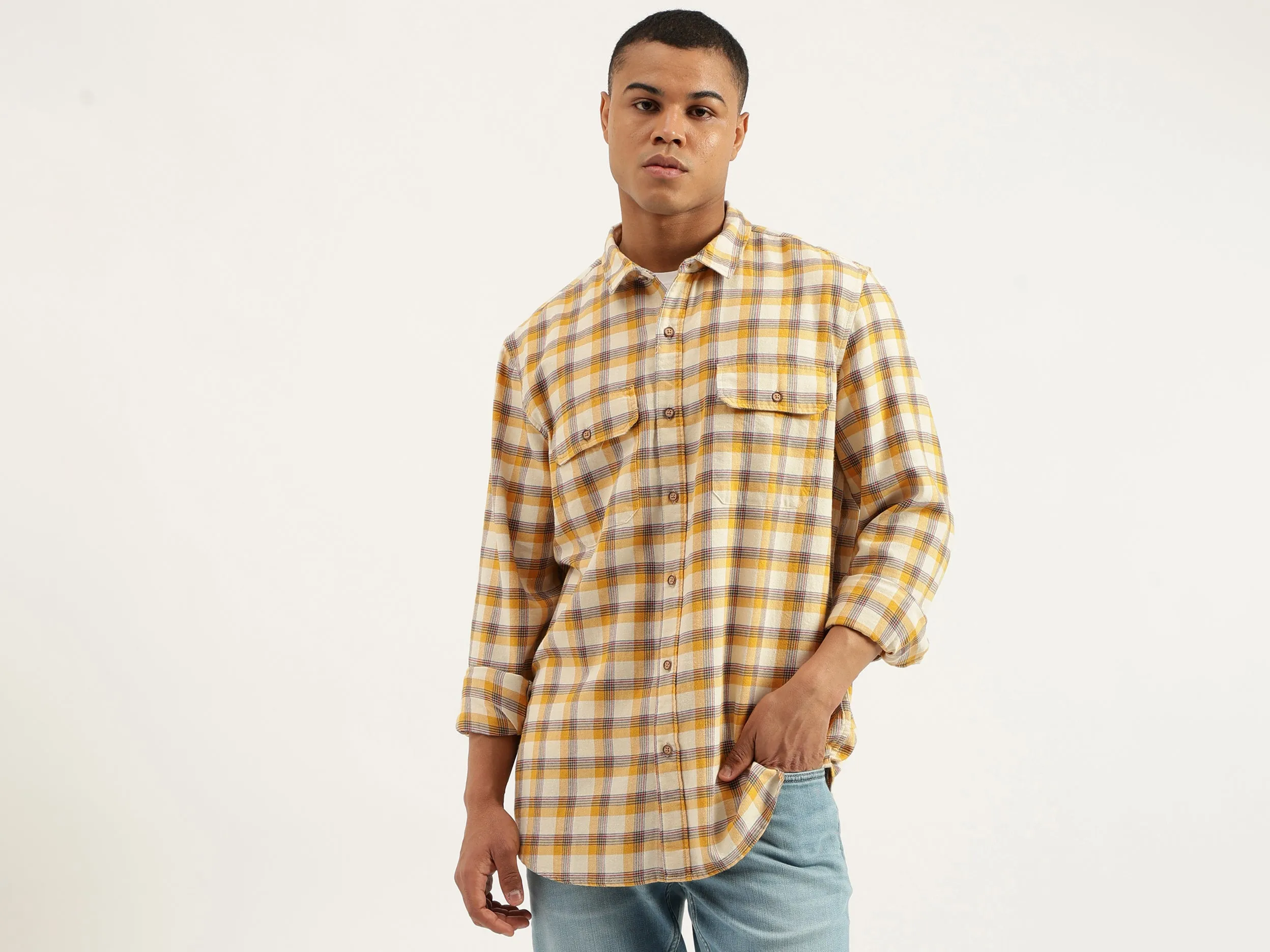Regular Fit Spread Collar Checkered Shirts
